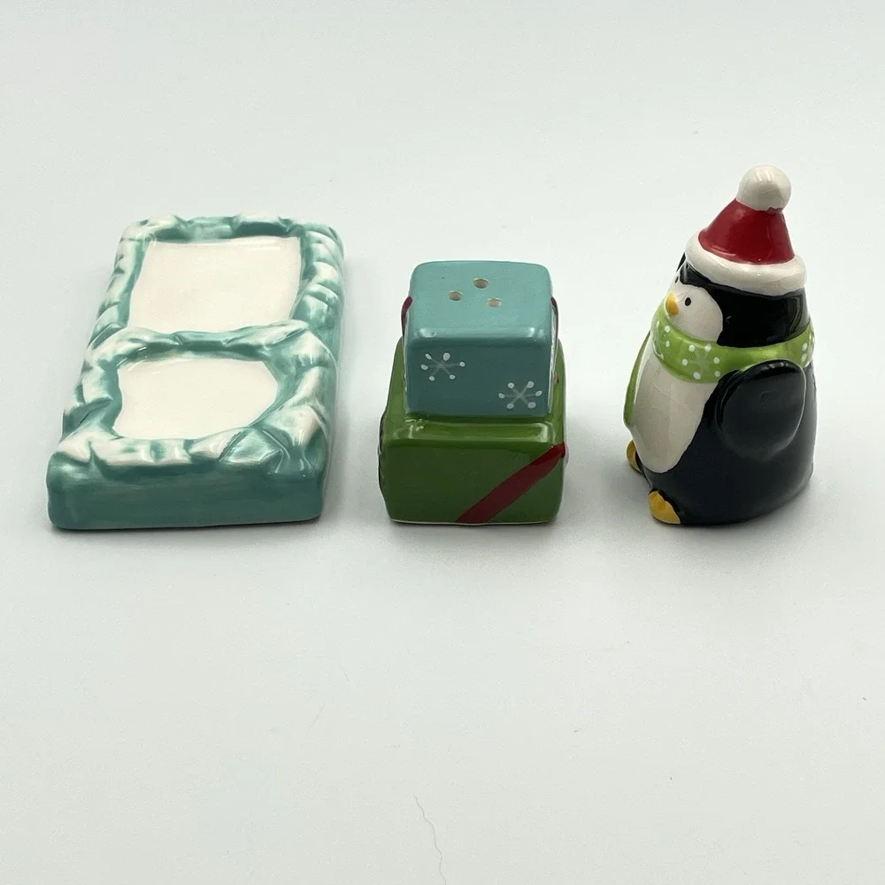 Christmas Penguin & Presents Salt & Pepper Shakers w/ Base Ceramic Holiday Decor